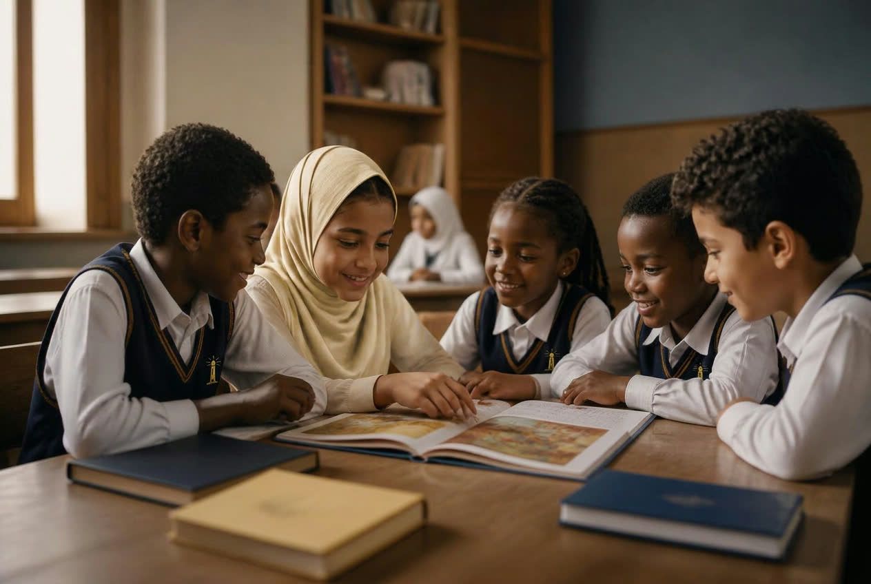 Diverse group of Lighthouse Campus students — Sudanese, Arab and African — exploring an illustrated book together in a warm sunlit classroom