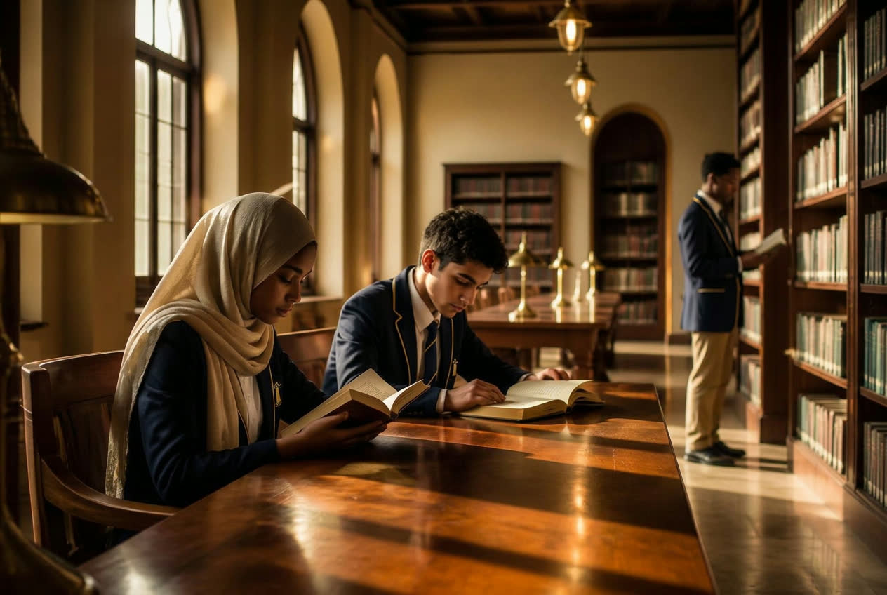 Lighthouse secondary students reading quietly at long oak tables in the campus library, warm afternoon light through arched windows